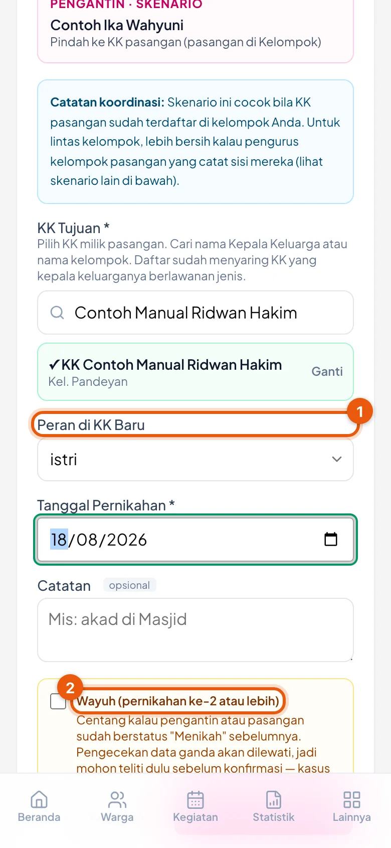 Nomor 1 menunjuk pilihan Peran di KK Baru; nomor 2 menunjuk kotak centang Wayuh beserta penjelasannya.