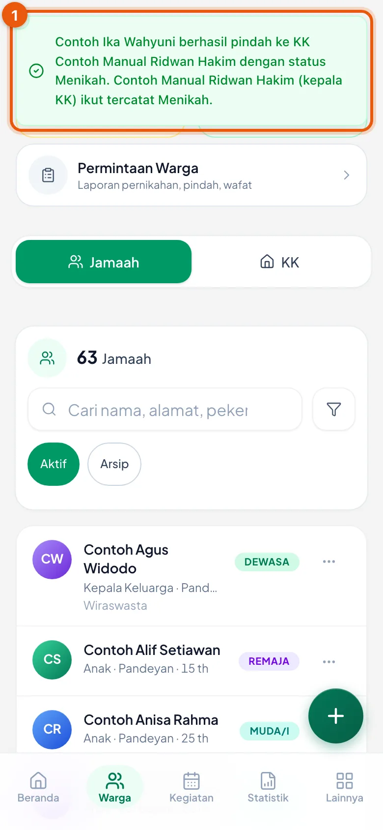 Dua kalimat untuk dua orang — pengantin yang pindah, dan kepala KK tujuan yang ikut ditandai Menikah.