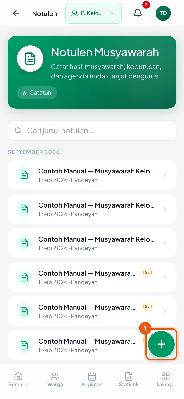 Peragaan: Nomor 1 tombol bundar untuk menulis notulen baru.