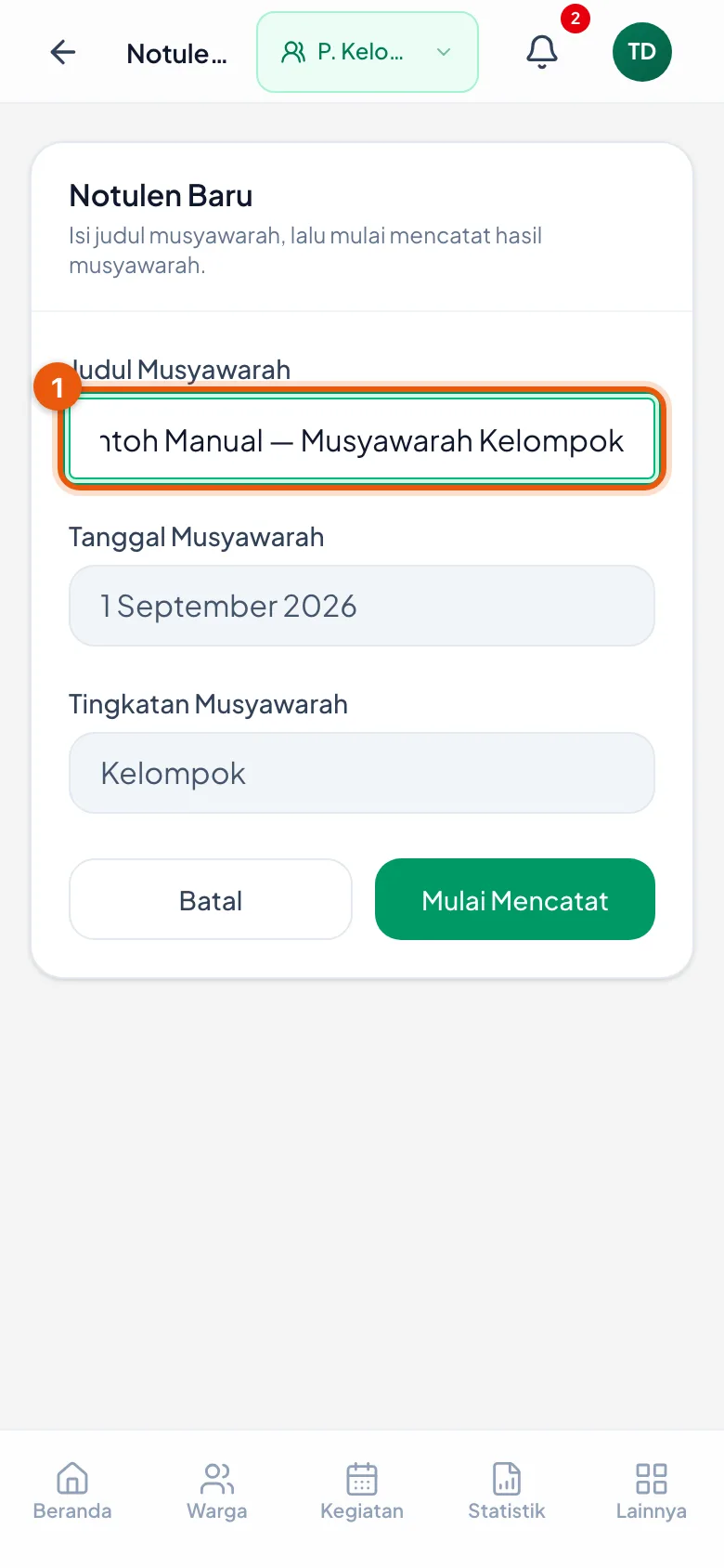 Peragaan: Nomor 1 kolom Judul — satu-satunya yang perlu diisi.