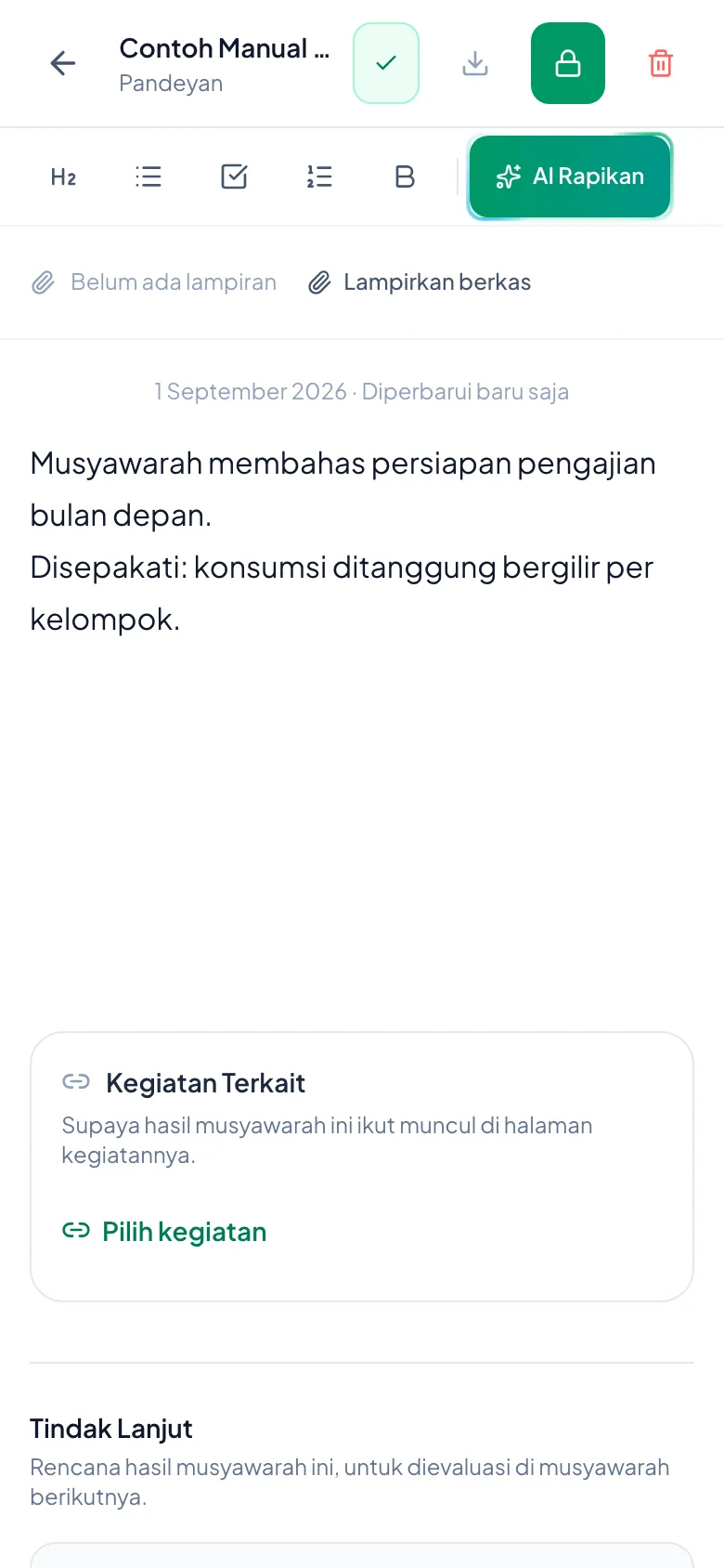 Peragaan: Alat tulis di atas, tanda Tersimpan di kepala, dan kartu Kegiatan Terkait di bawah.