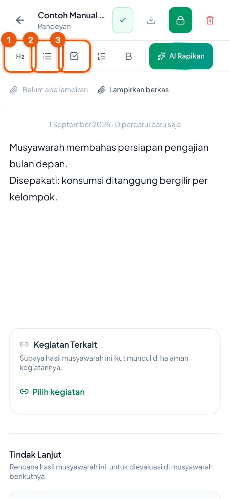 Peragaan: Nomor 1 judul bagian, nomor 2 daftar poin, nomor 3 daftar tugas.