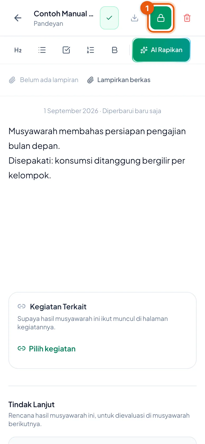Peragaan: Nomor 1 tombol bergambar gembok — di layar HP tanpa tulisan apa pun.