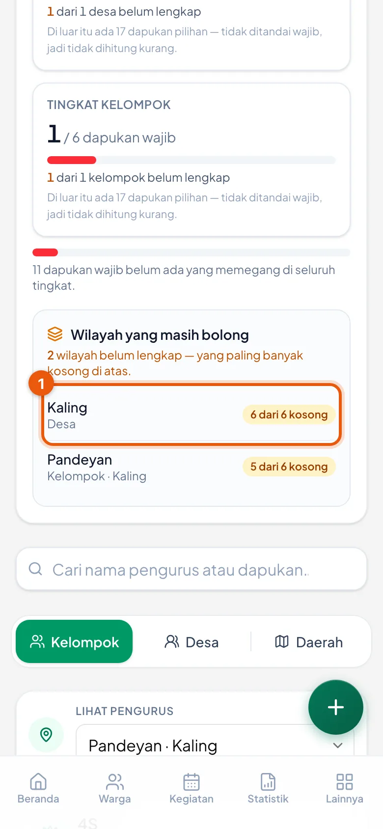 Mengetuk baris wilayah membawa Anda ke daftar pengurus wilayah itu.