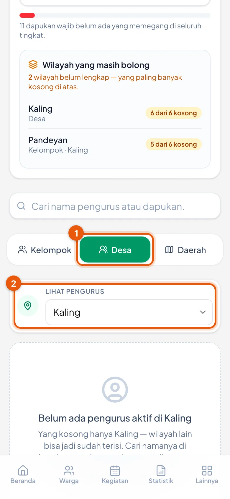 Tab Desa jadi aktif dan Lihat Pengurus menunjuk Kaling — keduanya berpindah sendiri, bukan diatur ulang.