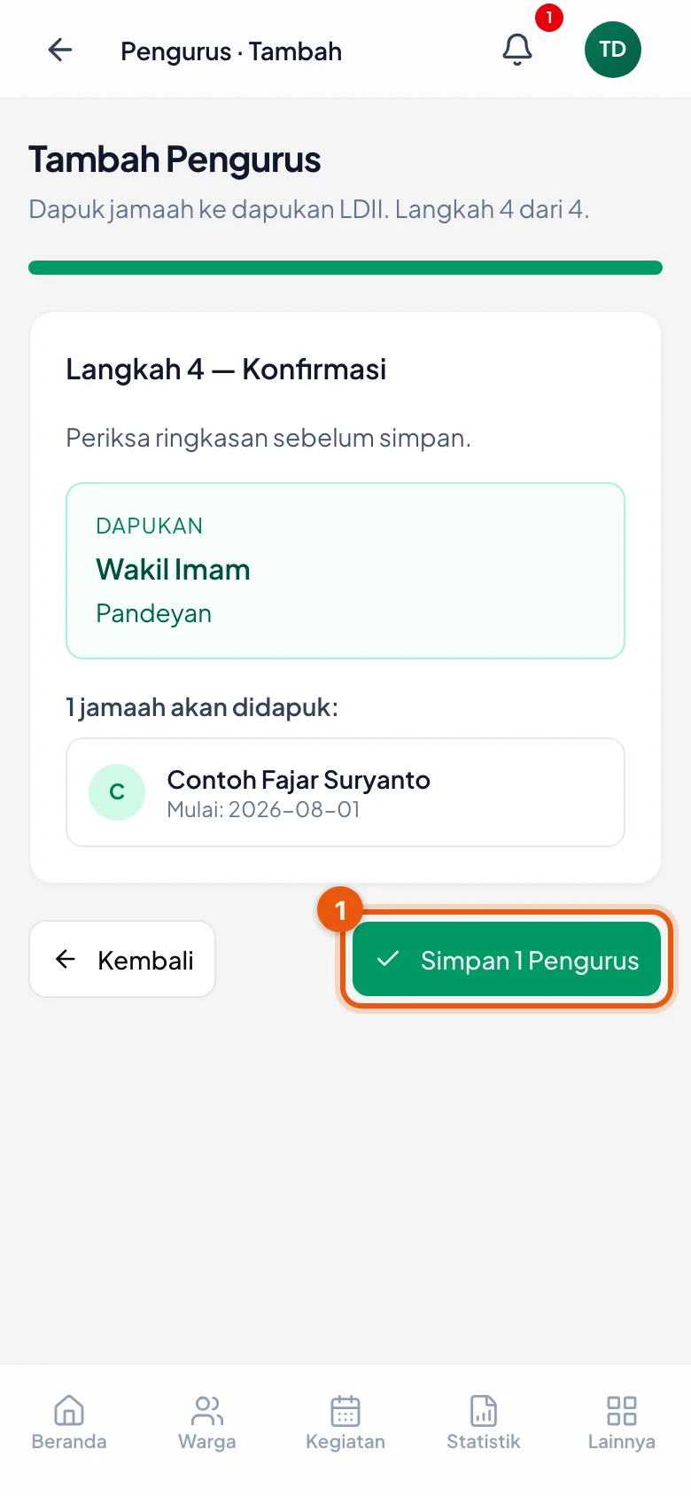 Tombol Simpan menyebutkan berapa pengurus yang akan dicatat.