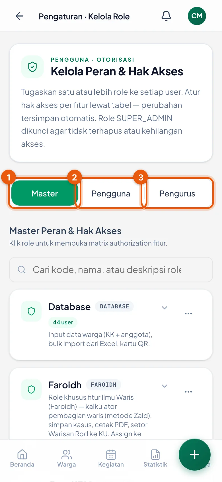 Halaman terbuka di bagian Master. Ketuk namanya untuk berpindah bagian.