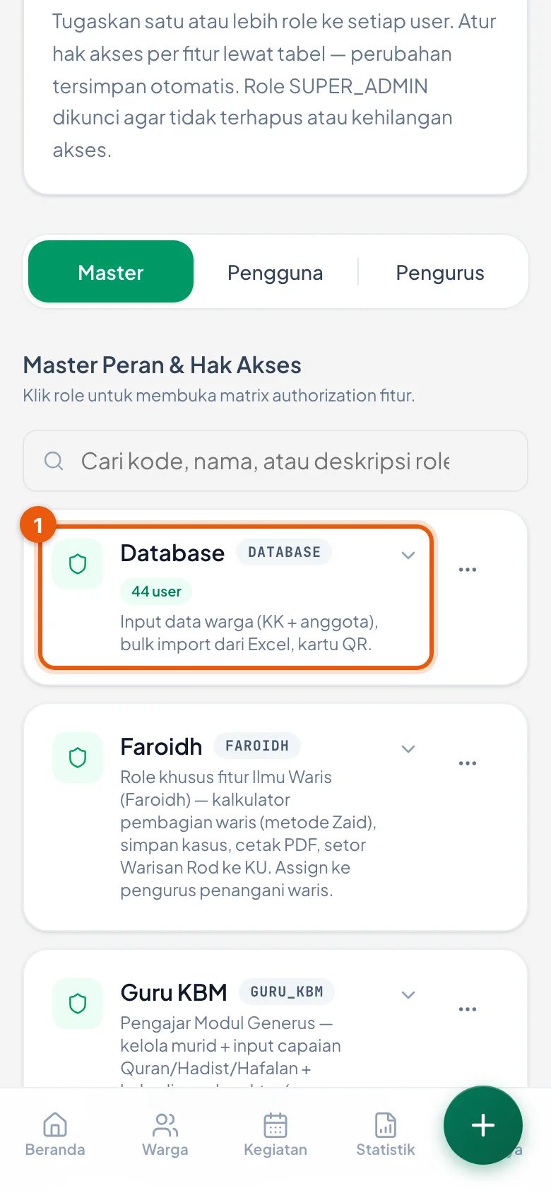 Contoh peran Database. Angka di bawah namanya menunjukkan berapa pengurus yang memegang peran ini.