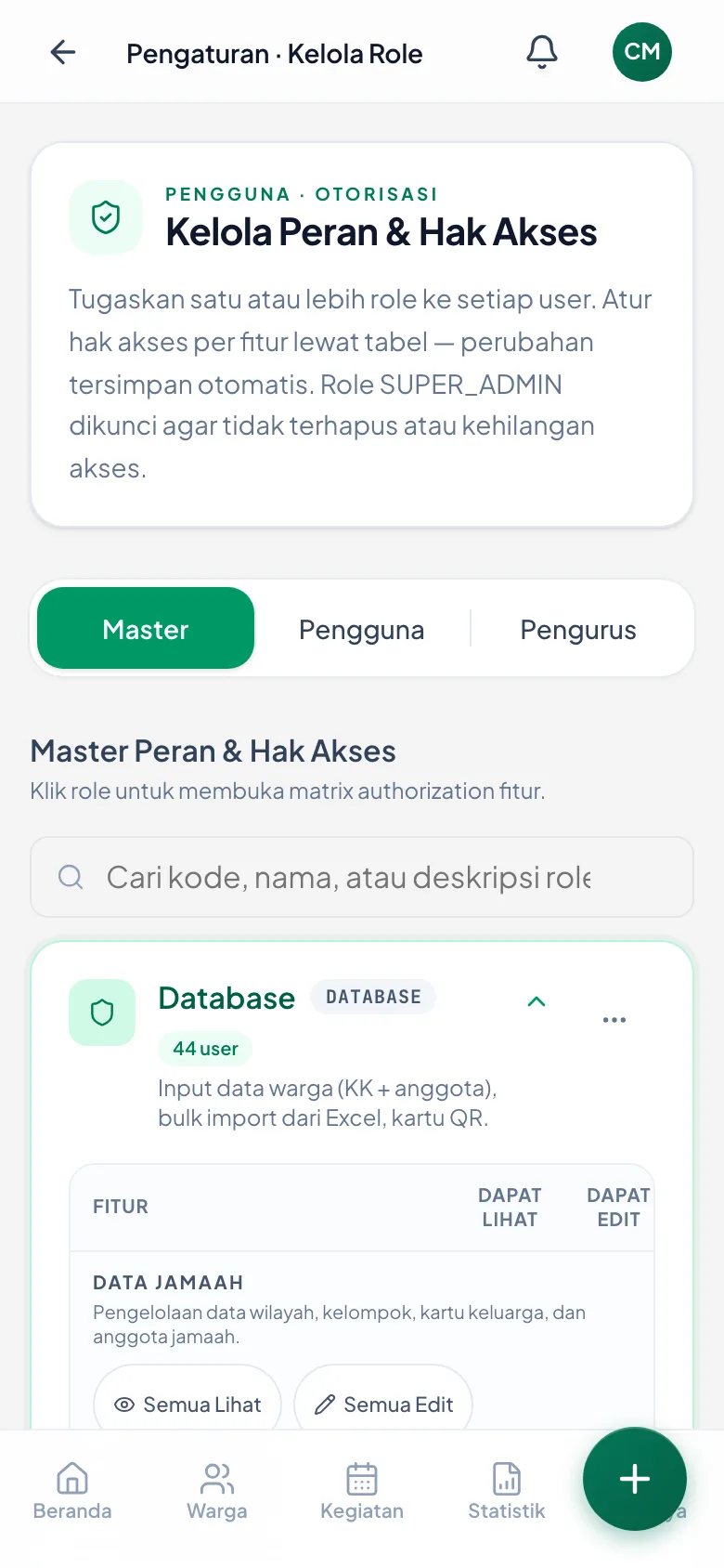 Dua kolom: Dapat Lihat dan Dapat Ubah. Perubahan langsung tersimpan tanpa tombol Simpan.