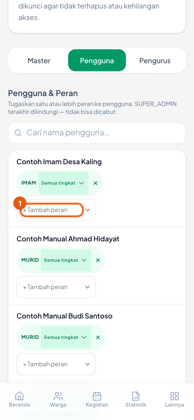 Tombol + Tambah peran ada di tiap baris, di bawah peran yang sudah dipegang.