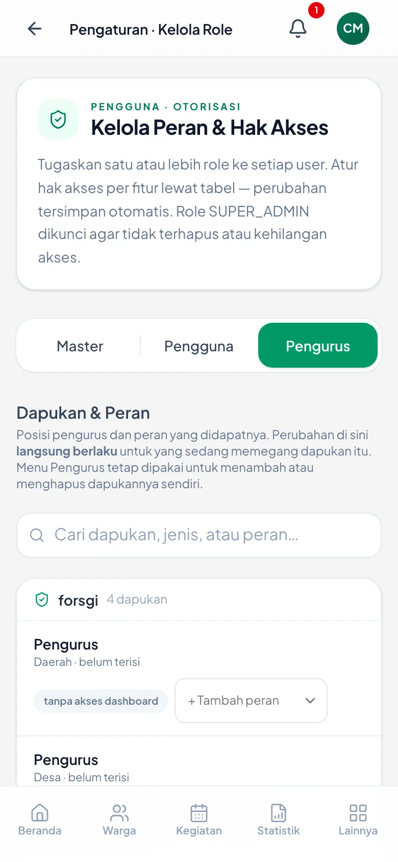 Tiap dapukan menampilkan peran yang menyertainya. “tanpa akses dashboard” berarti dapukan itu belum diberi peran apa pun.