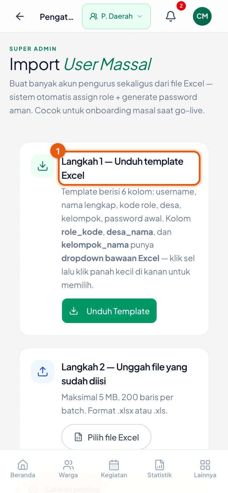 Peragaan: Nomor 1 unduh template dulu — urutannya memang dari situ.