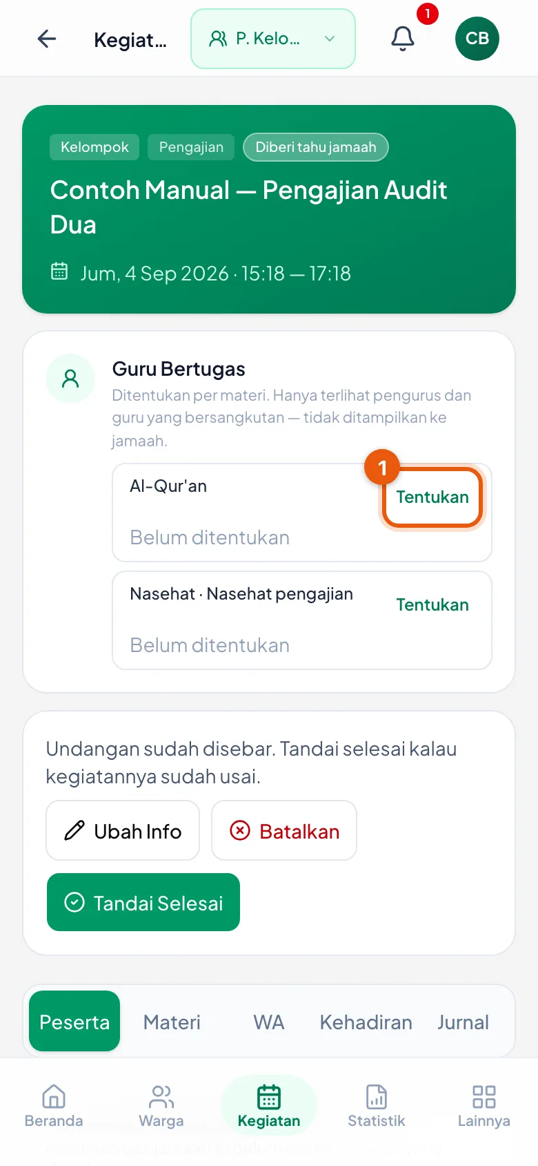 Peragaan: Nomor 1 tombol Tentukan pada materi yang belum ada pengisinya.