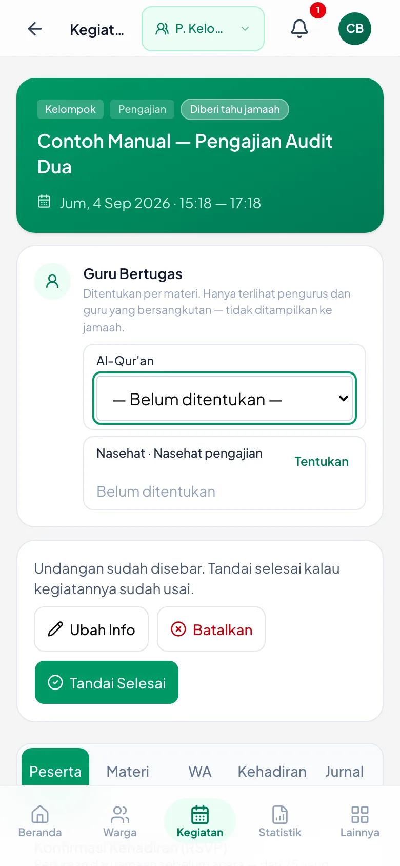 Peragaan: Pilihan muncul di baris materinya sendiri, bukan di jendela terpisah.