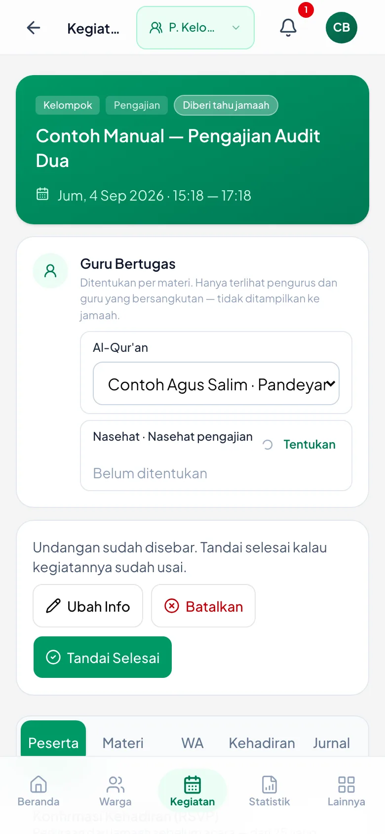 Peragaan: Nama guru tertulis di baris materinya.