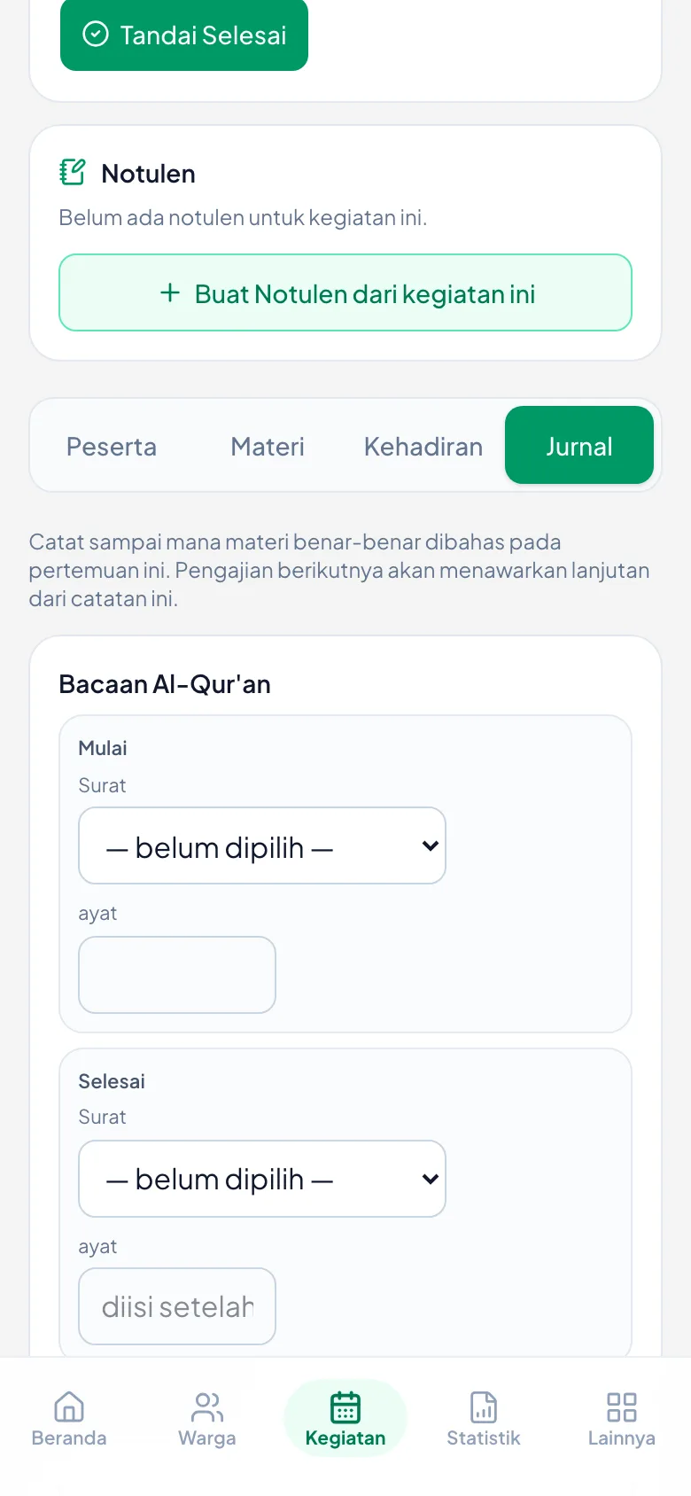 Peragaan: Baris Mulai dan Selesai untuk tiap materi — nama surat/kitab beserta angkanya.