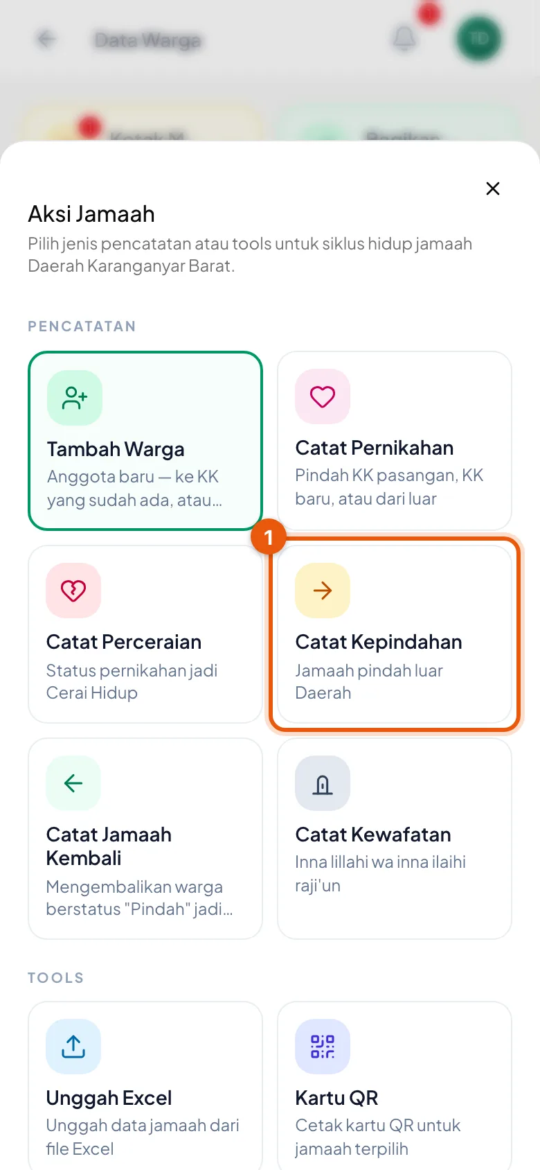 Kartu Catat Kepindahan ada di kolom kanan, dengan ikon panah dan keterangan Jamaah pindah luar Daerah.