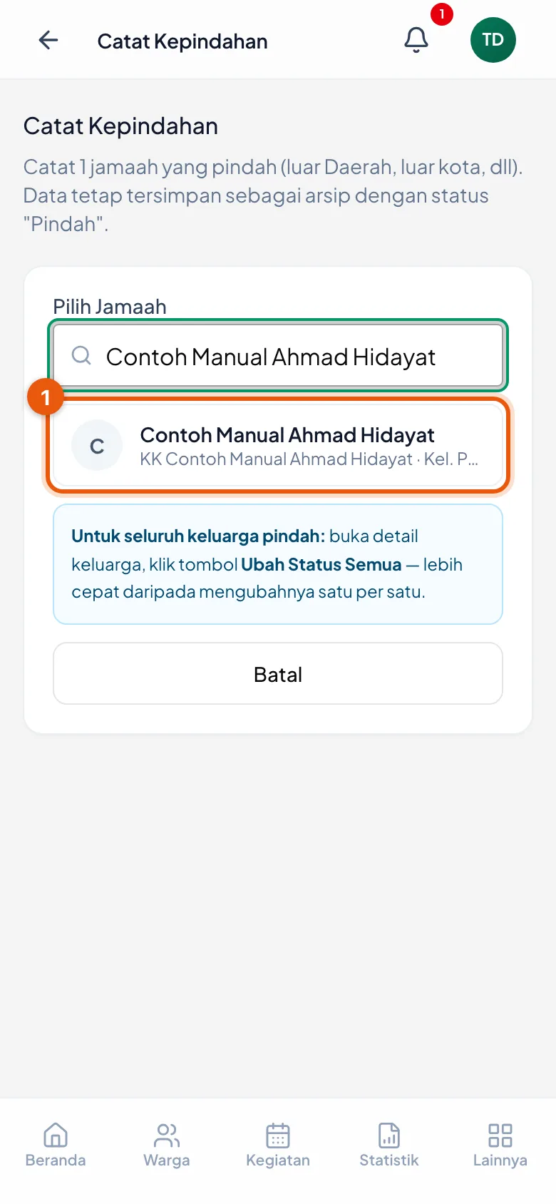Baris hasil pencarian menyebutkan nama, lalu KK dan kelompoknya di baris kedua.