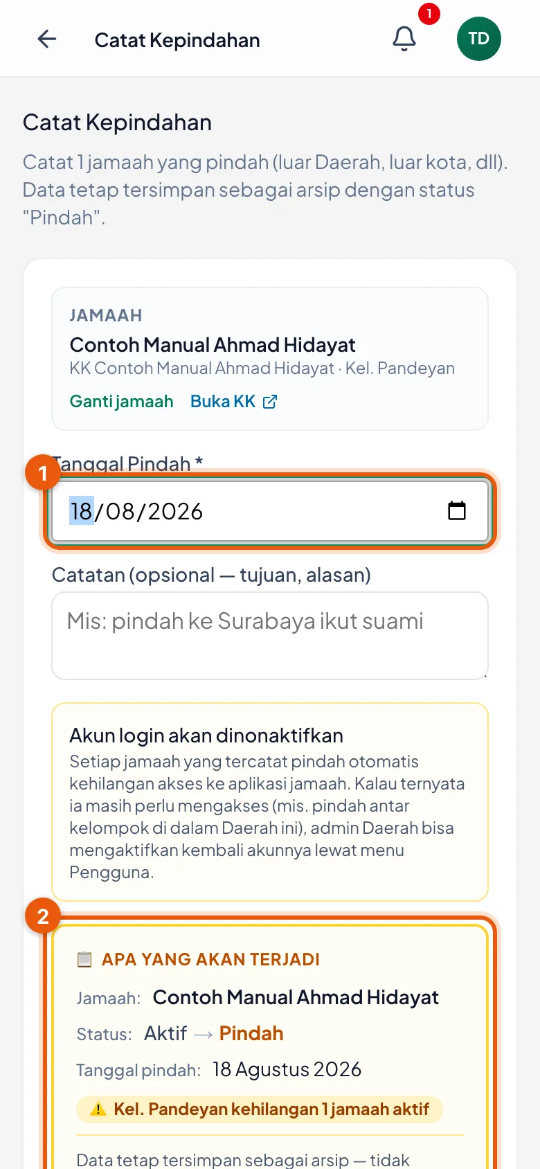 Nomor 1 menunjuk isian Tanggal Pindah; nomor 2 menunjuk kotak ringkasan Apa yang akan terjadi.