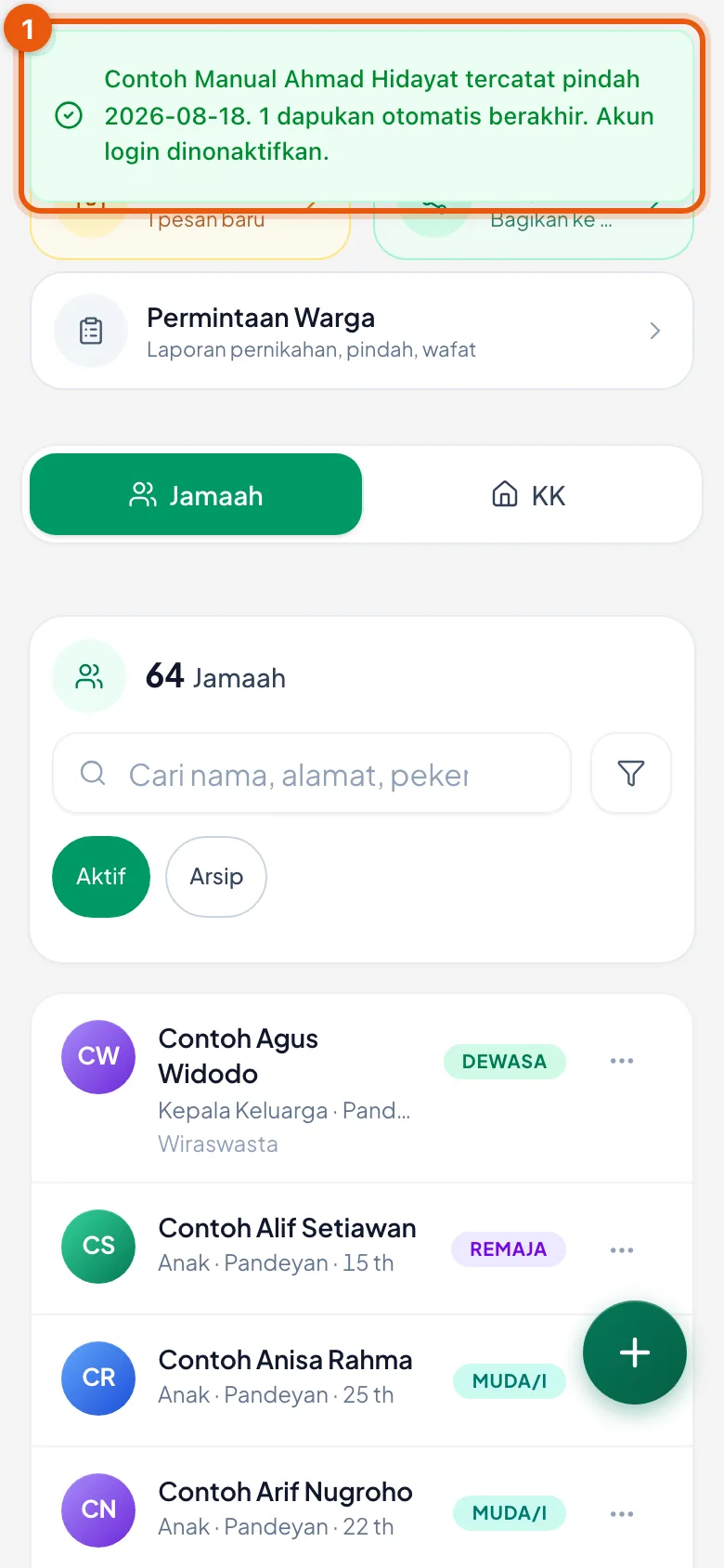 Tiga hal disebutkan sekaligus: statusnya berubah, satu dapukan berakhir, dan akun login dimatikan.