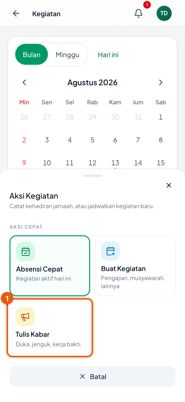 Satu tombol mengambang, dua pilihan: Kegiatan atau Kabar.