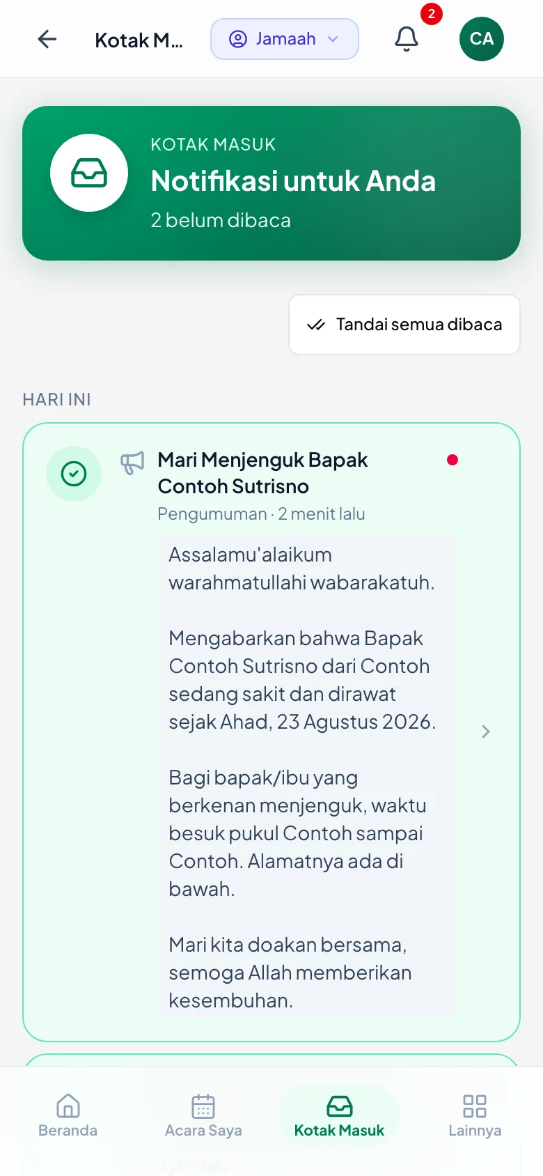 Dipotret dari sisi jamaah — bukti kabarnya benar-benar sampai.
