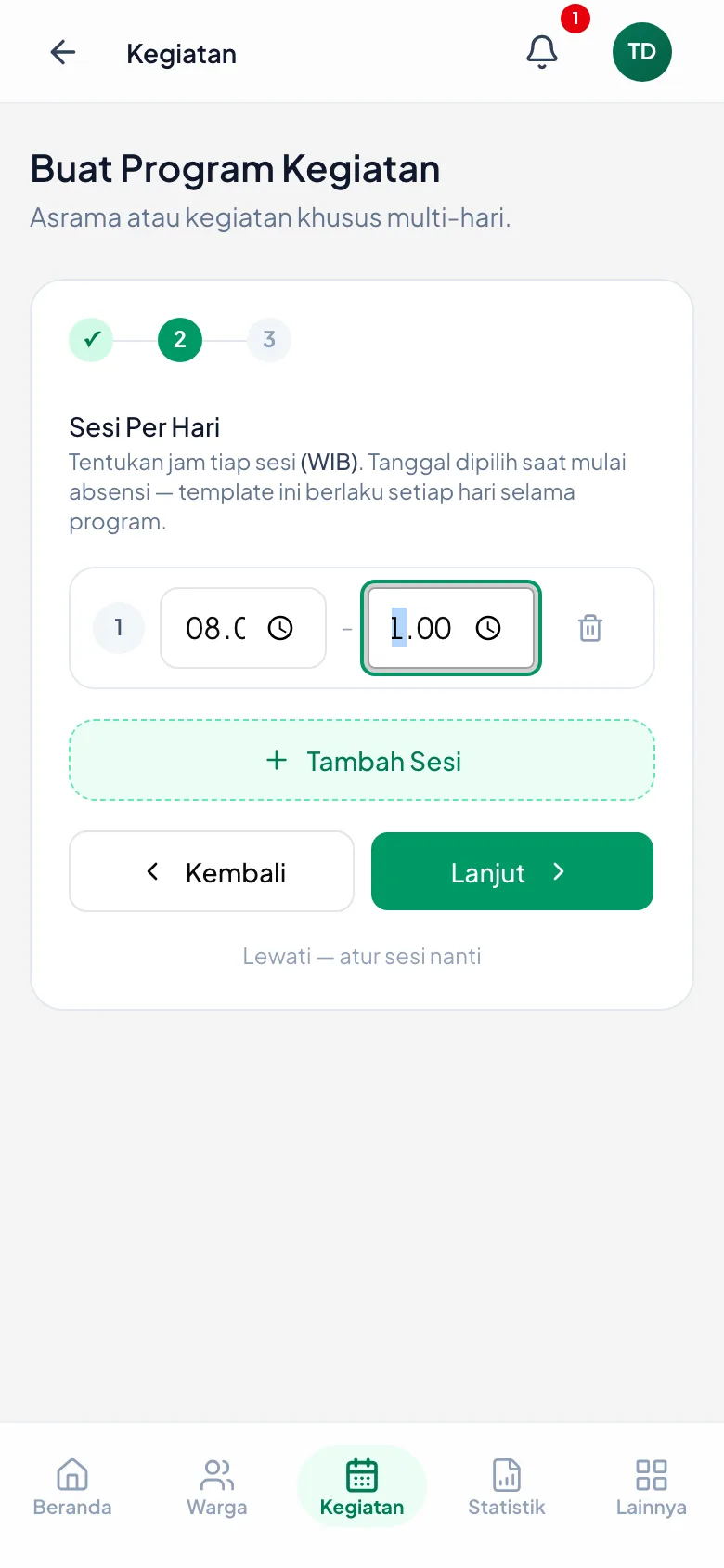 Satu baris jam yang berlaku untuk semua hari program.