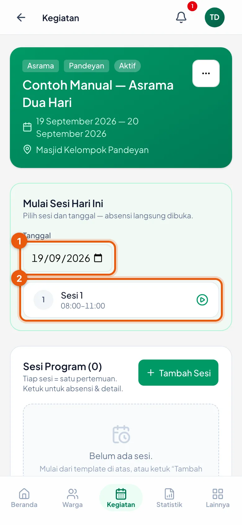 Tanggal dulu, baru pilih sesinya. Di bawah masih tertulis Sesi Program (0).