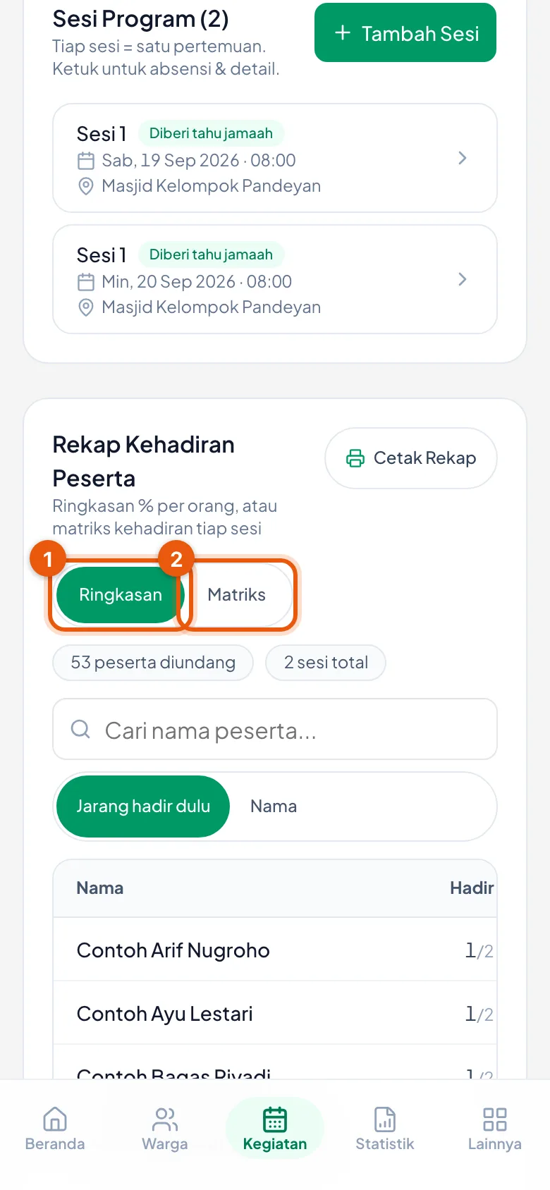 Angka 1/2 berarti hadir pada 1 dari 2 sesi.