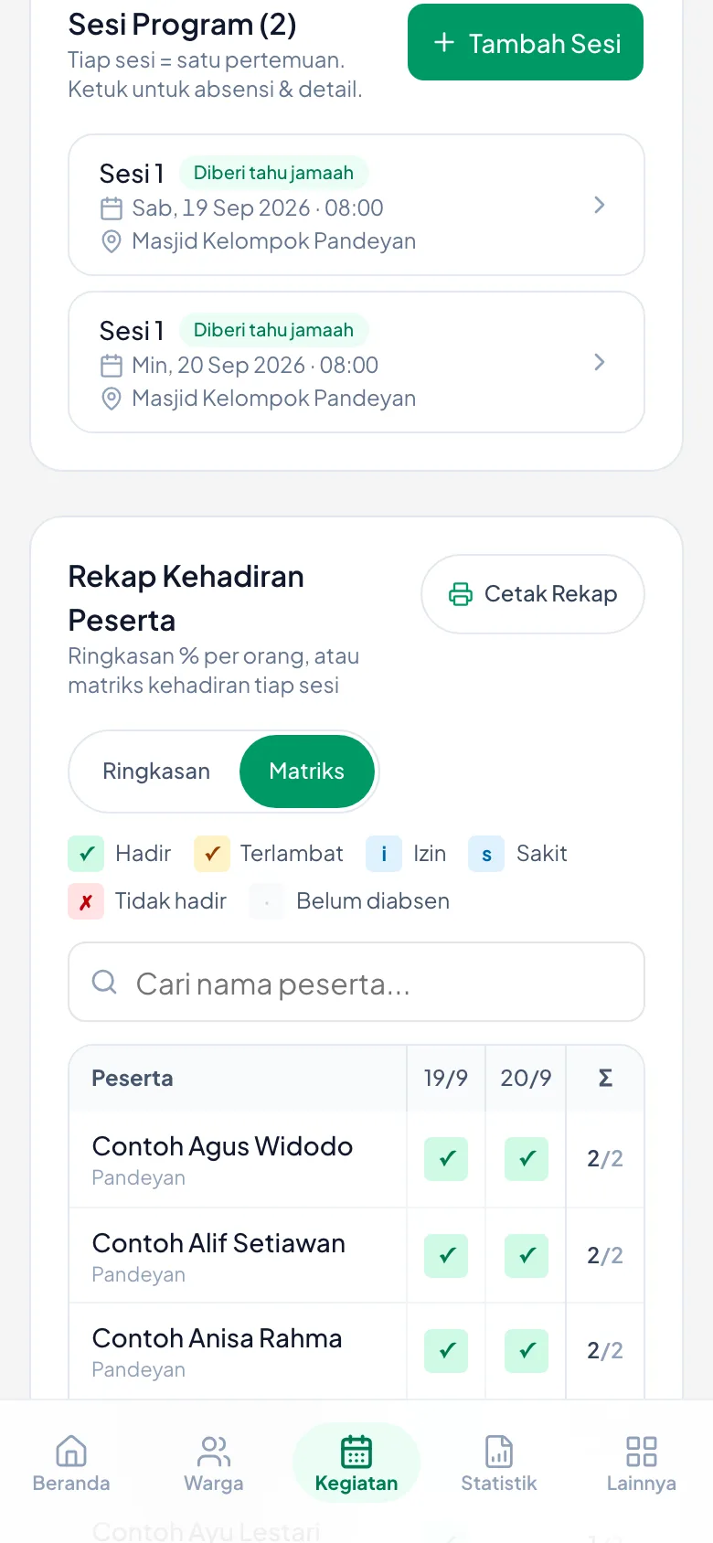 Satu baris satu peserta, satu kolom satu sesi. Σ adalah jumlah kehadirannya.