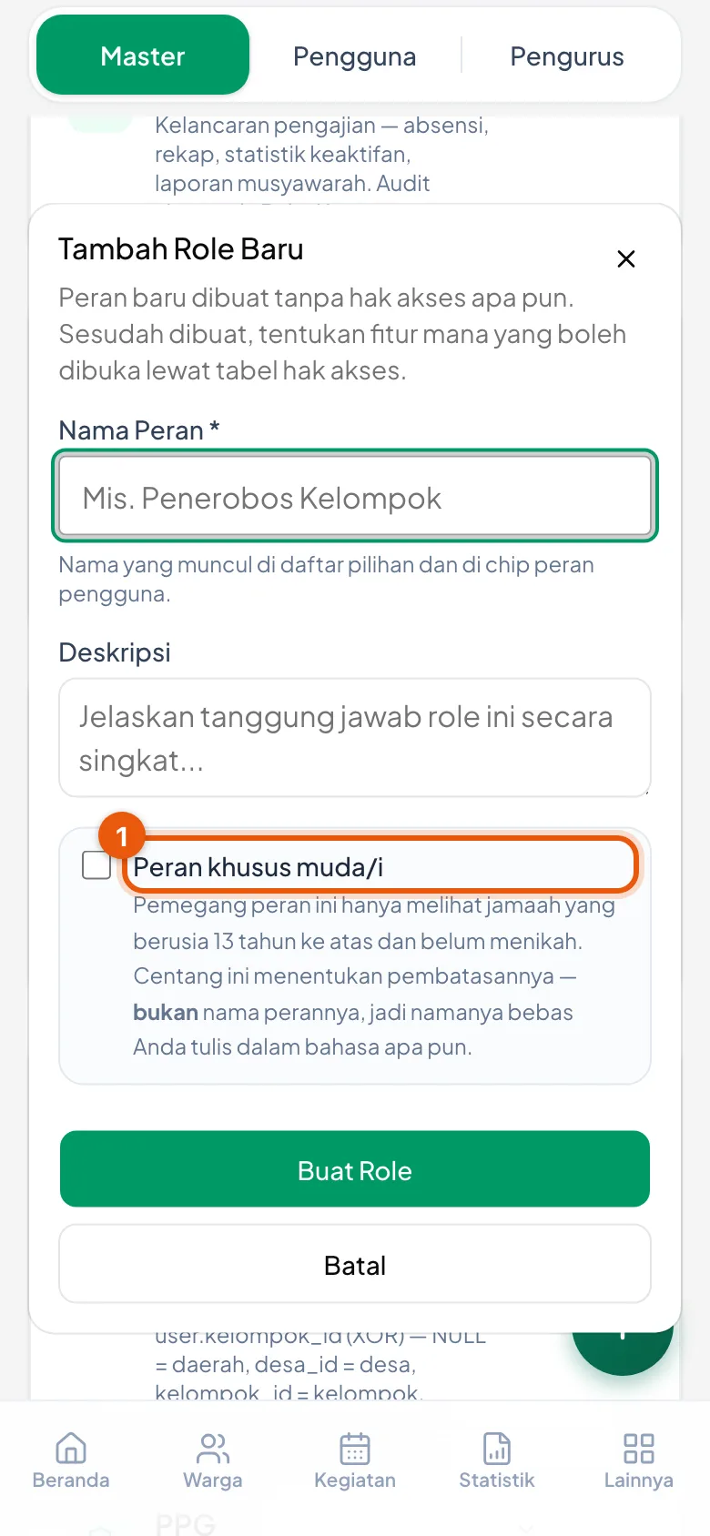 Peragaan: Nomor 1 kotak centang Peran khusus muda/i — inilah yang menentukan pembatasannya, bukan namanya.