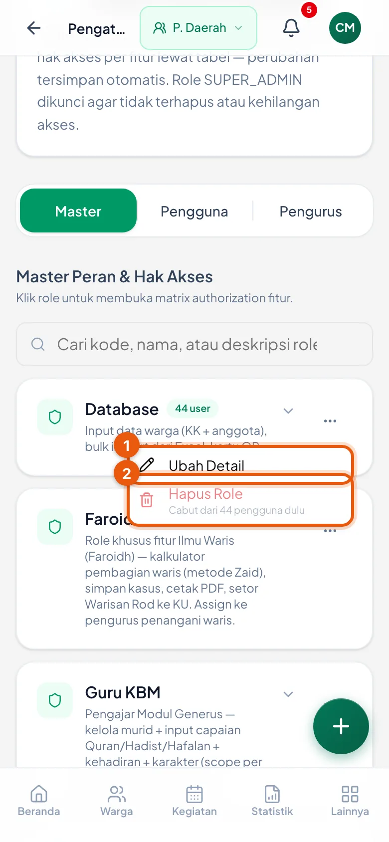 Peragaan: Nomor 1 Ubah Detail, nomor 2 Hapus Role. Yang lebih sering dibutuhkan ada di atas.