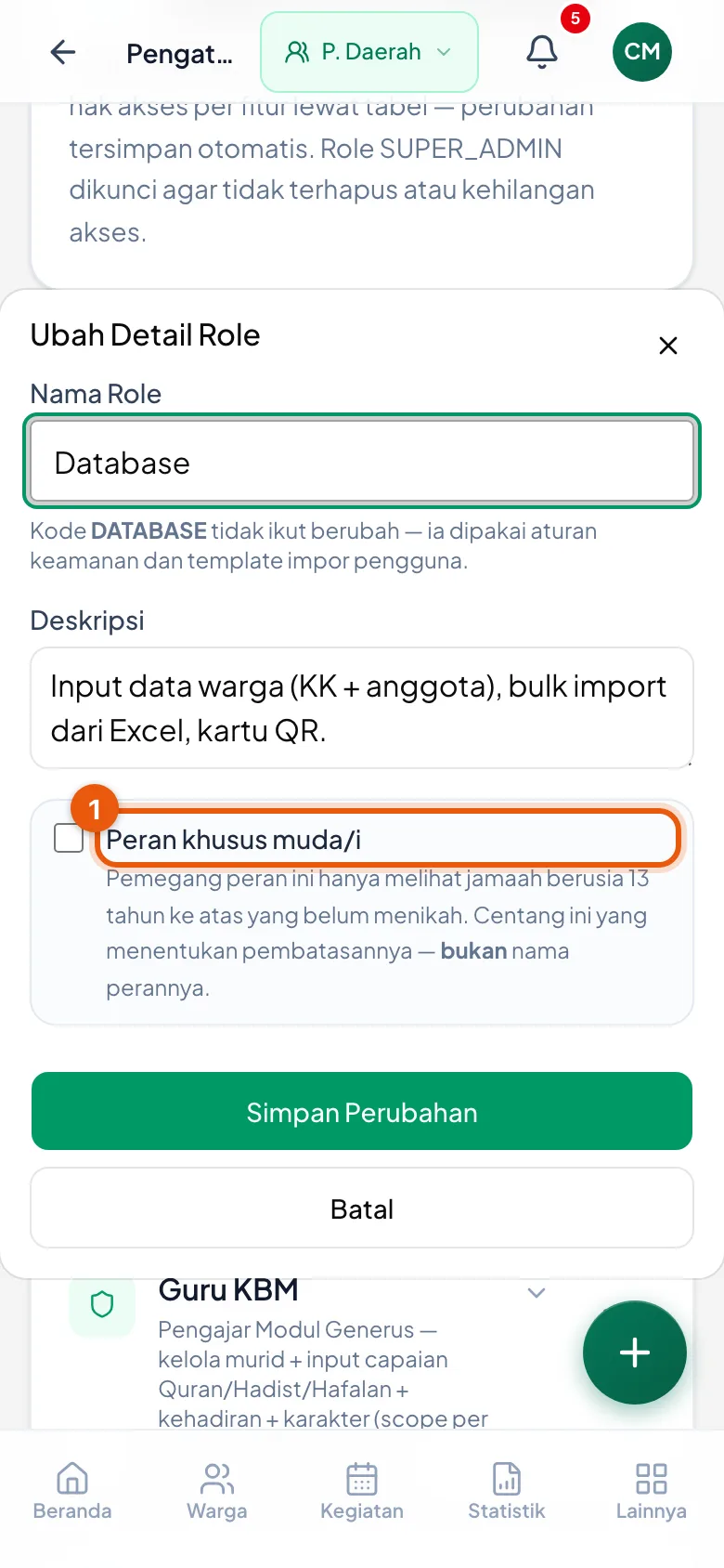 Peragaan: Nomor 1 centang khusus muda/i — bisa dibetulkan kapan saja, tidak hanya saat membuat.