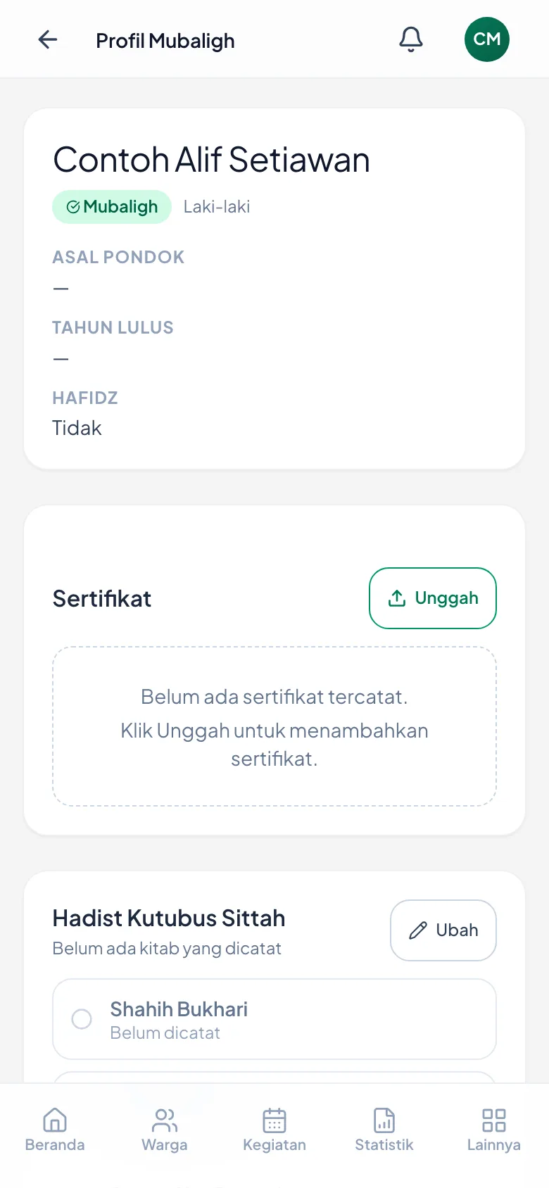 Status, asal pondok, tahun lulus, dan keterangan hafidz.