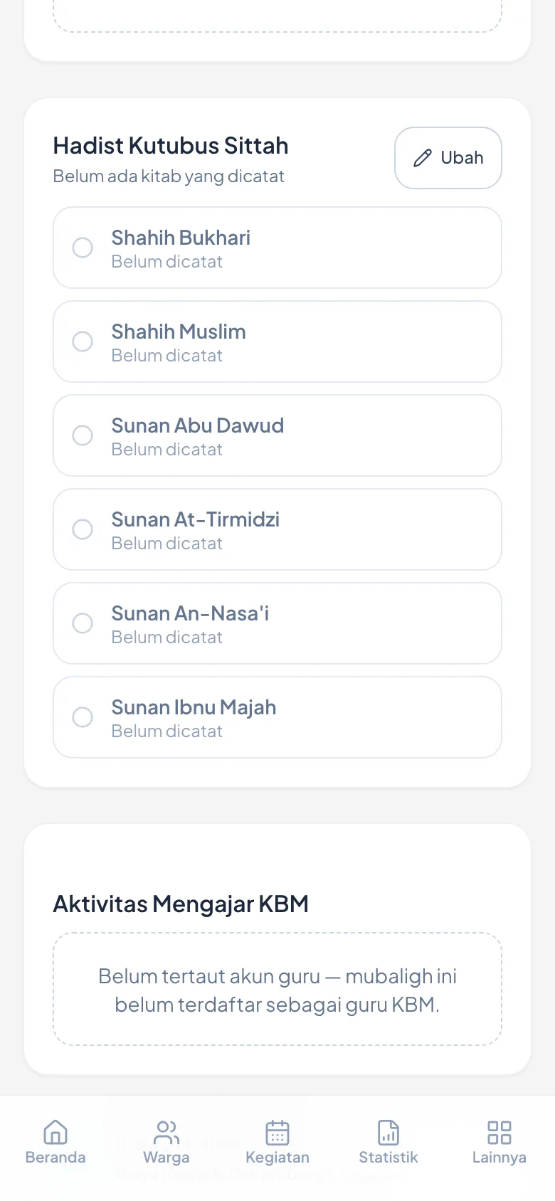 Keenam kitab berdiri dengan tanda Belum dicatat.