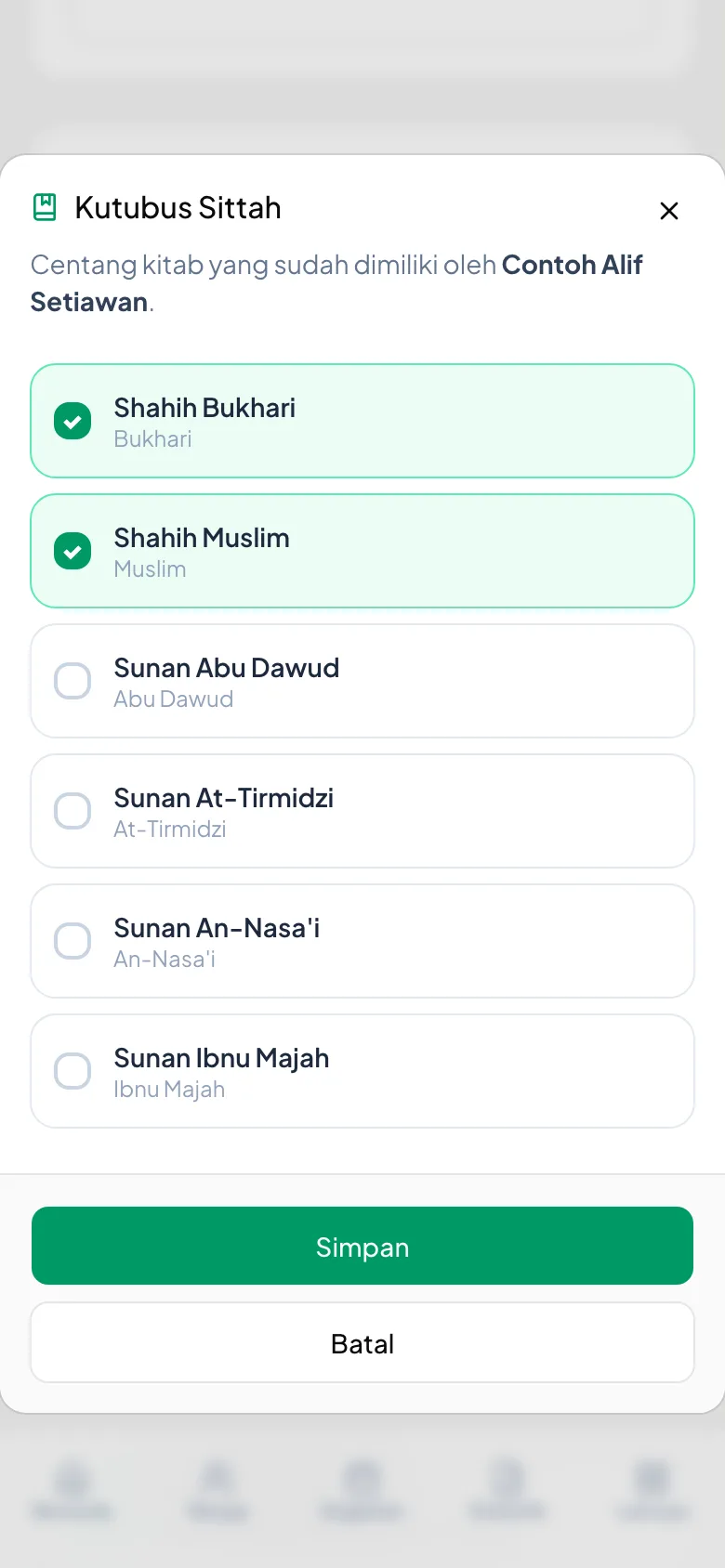 Dua kitab tercentang, berlatar hijau. Seluruh baris bisa diketuk.