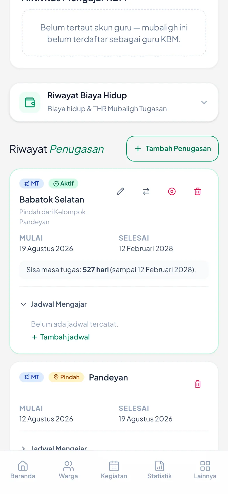 Peragaan: Baris Jadwal Mengajar terbuka, memperlihatkan keterangan kosong dan tombol Tambah jadwal.