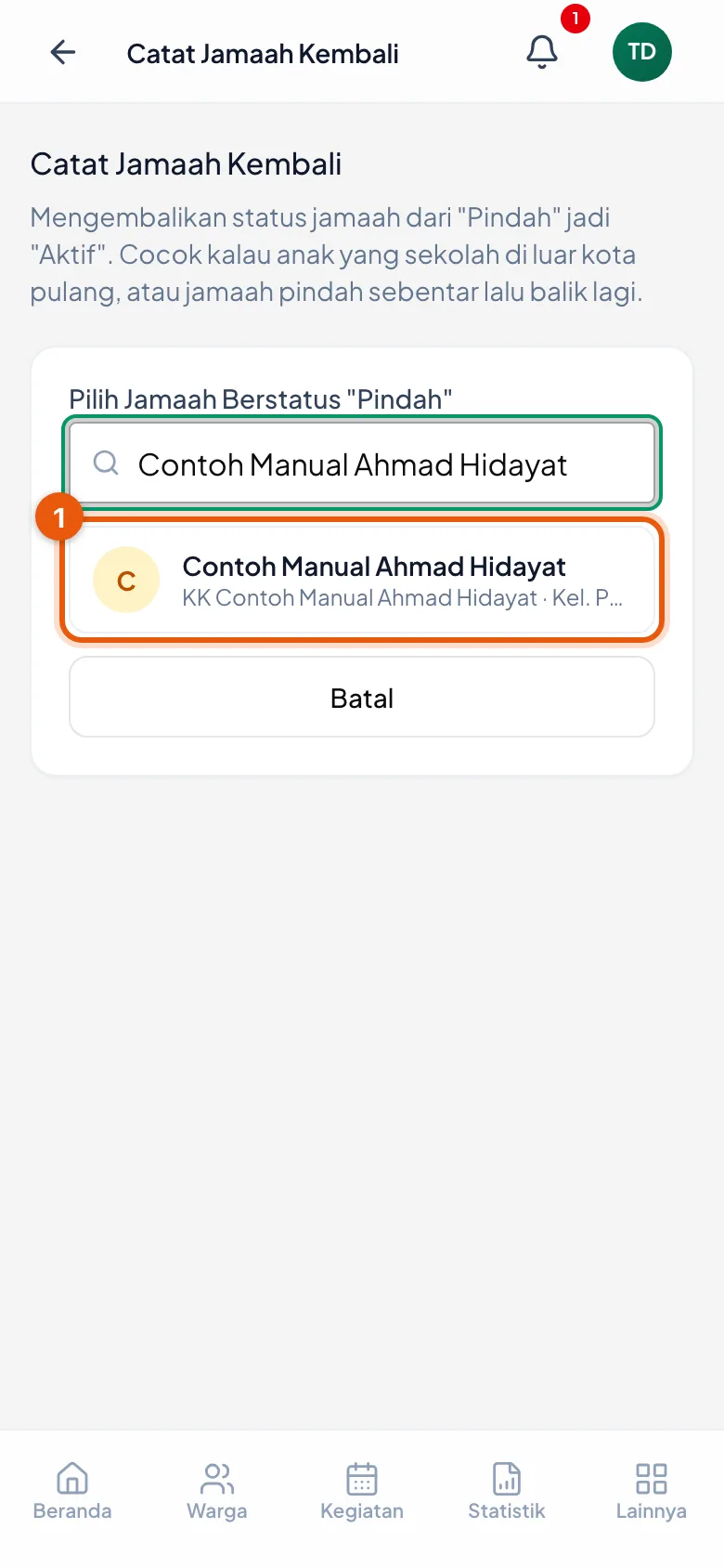 Hanya warga berstatus Pindah yang muncul di halaman ini — daftarnya jauh lebih pendek daripada daftar warga biasa.