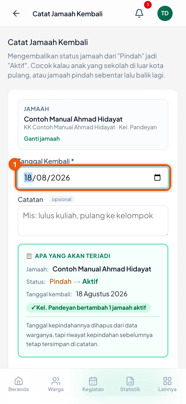 Tanggal Kembali bertanda wajib dan tidak terisi otomatis. Di bawahnya, kotak hijau merangkum perubahannya sebelum disimpan.