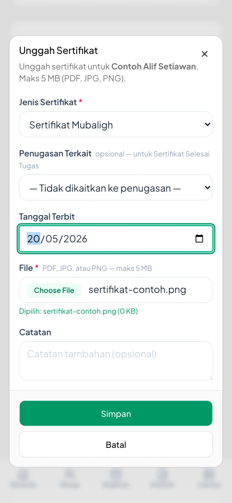 Jenis, tanggal terbit, dan berkasnya. Maksimal 5 MB, format PDF/JPG/PNG.