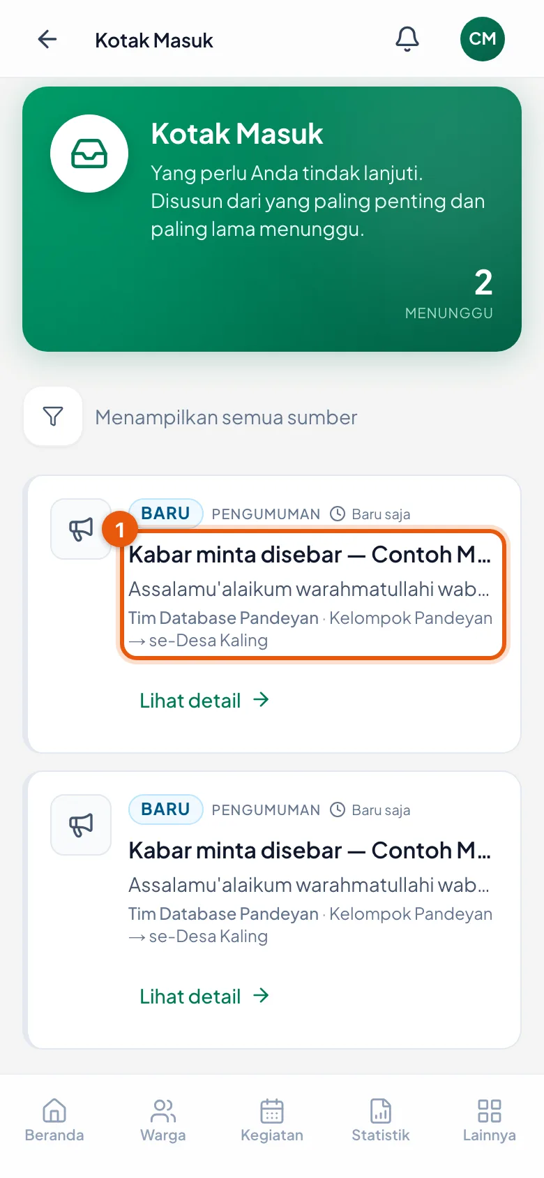 Kartu PENGUMUMAN menyebutkan pengirim dan wilayah tujuannya.