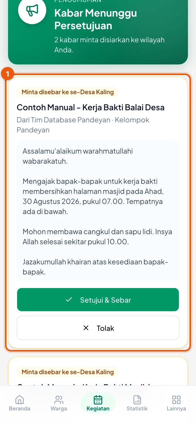 Satu kartu per kabar: pengirim, isi lengkap, lalu dua tombol keputusan.