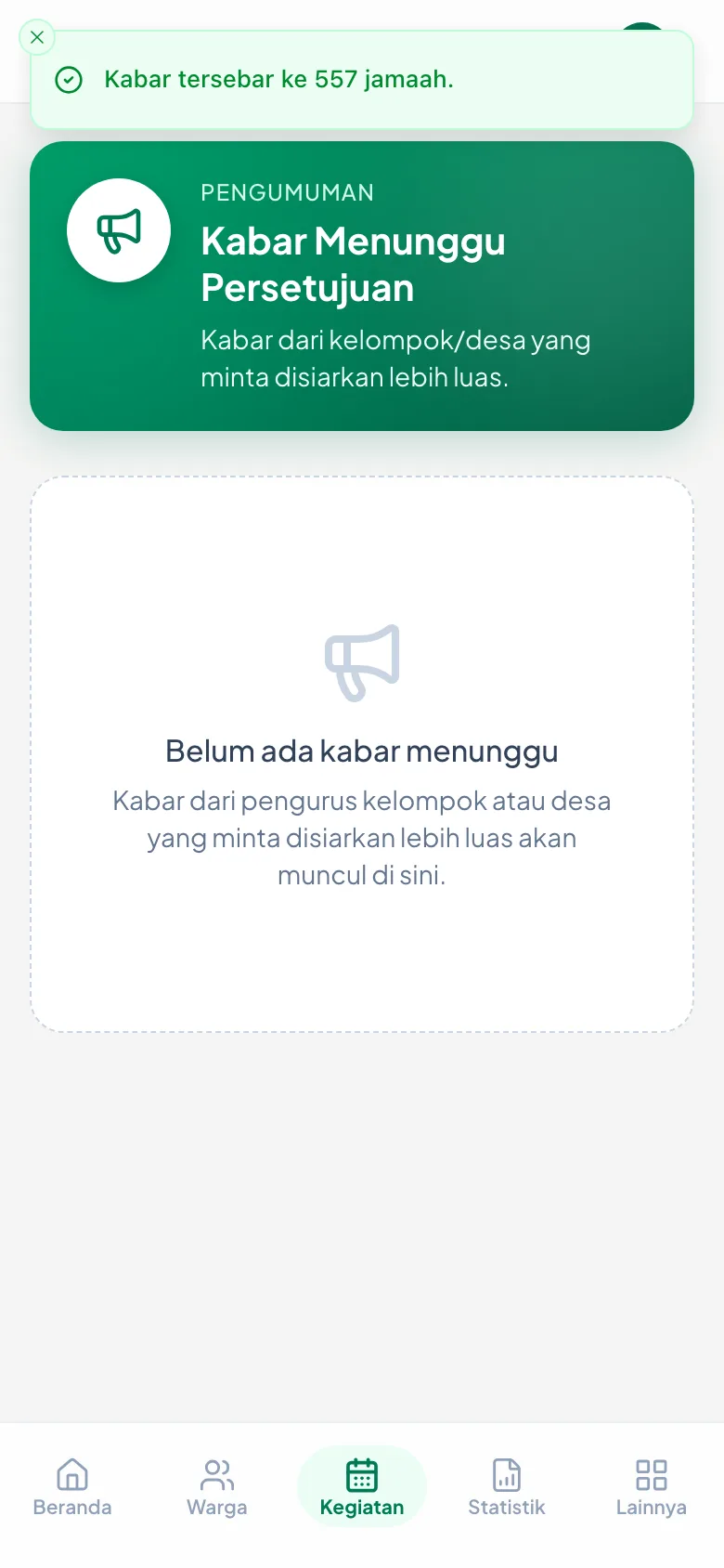 Jumlah penerimanya disebutkan — di sini 557 jamaah se-Desa Kaling.