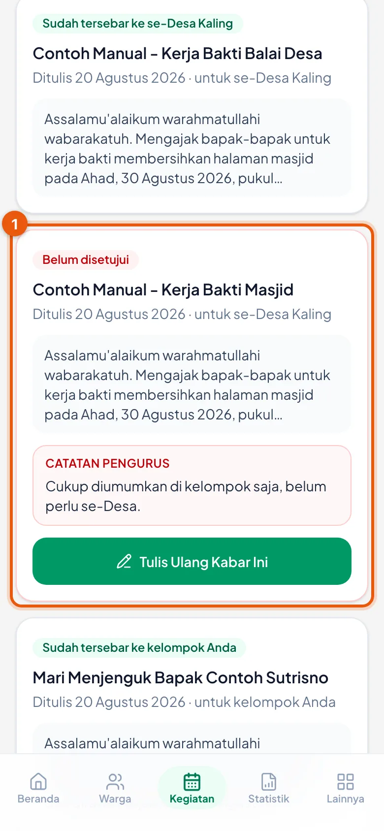 Alasan Anda muncul sebagai Catatan Pengurus, berikut tombol menulis ulang.