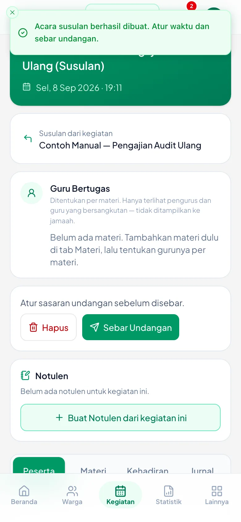 Peragaan: Halaman kegiatan baru, siap diatur waktunya lalu disebar undangannya.