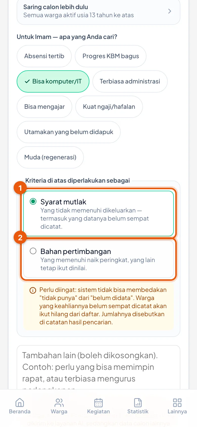 Nomor 1 menyaring keluar, nomor 2 hanya menaikkan peringkat. Kotak kuning di bawahnya mengingatkan bahwa yang belum didata ikut hilang.