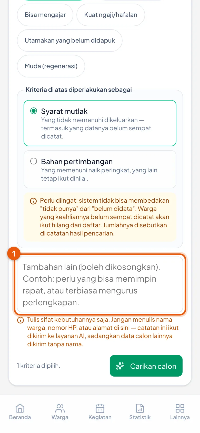 Peringatan di bawah kotak menyebutkan sendiri: tulis sifat kebutuhannya, jangan nama atau alamat.
