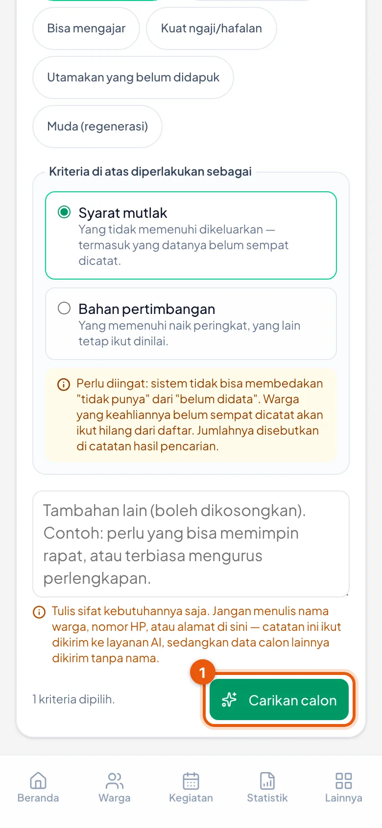 Di sebelahnya tertulis berapa kriteria yang sedang dipilih.