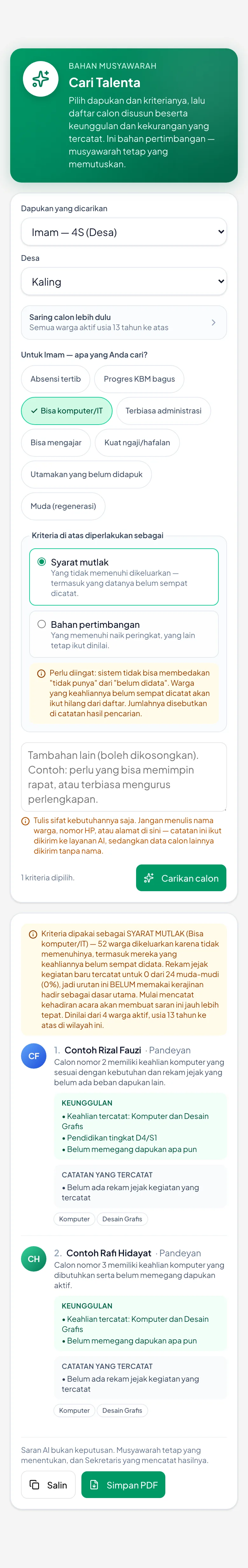 Hasil muncul DI BAWAH isian tadi, bukan di halaman lain. Kotak kuning paling atas menyebutkan berapa warga yang dikeluarkan penyaring dan seberapa lengkap datanya.