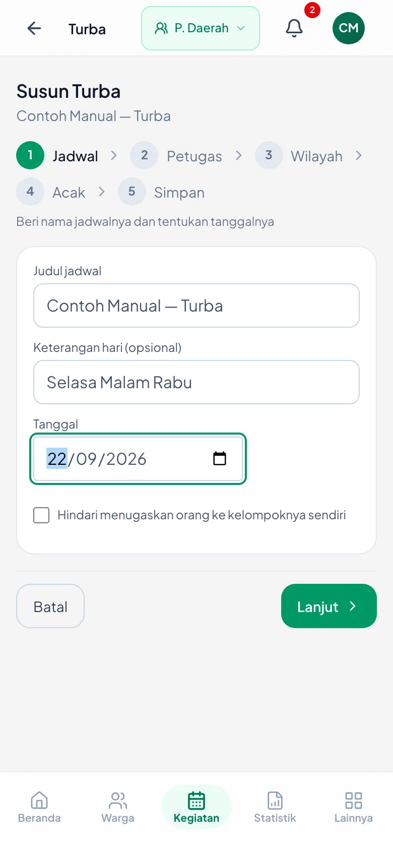 Peragaan: Judul, label hari, dan tanggal.